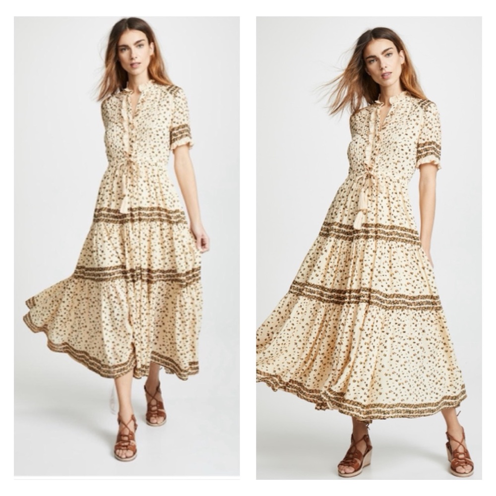 Free People Cream Boho Tiered Maxi Dress with Brown Trim